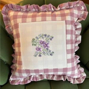Handmade Purple Floral Cross-Stitch Checkered Throw Pillow